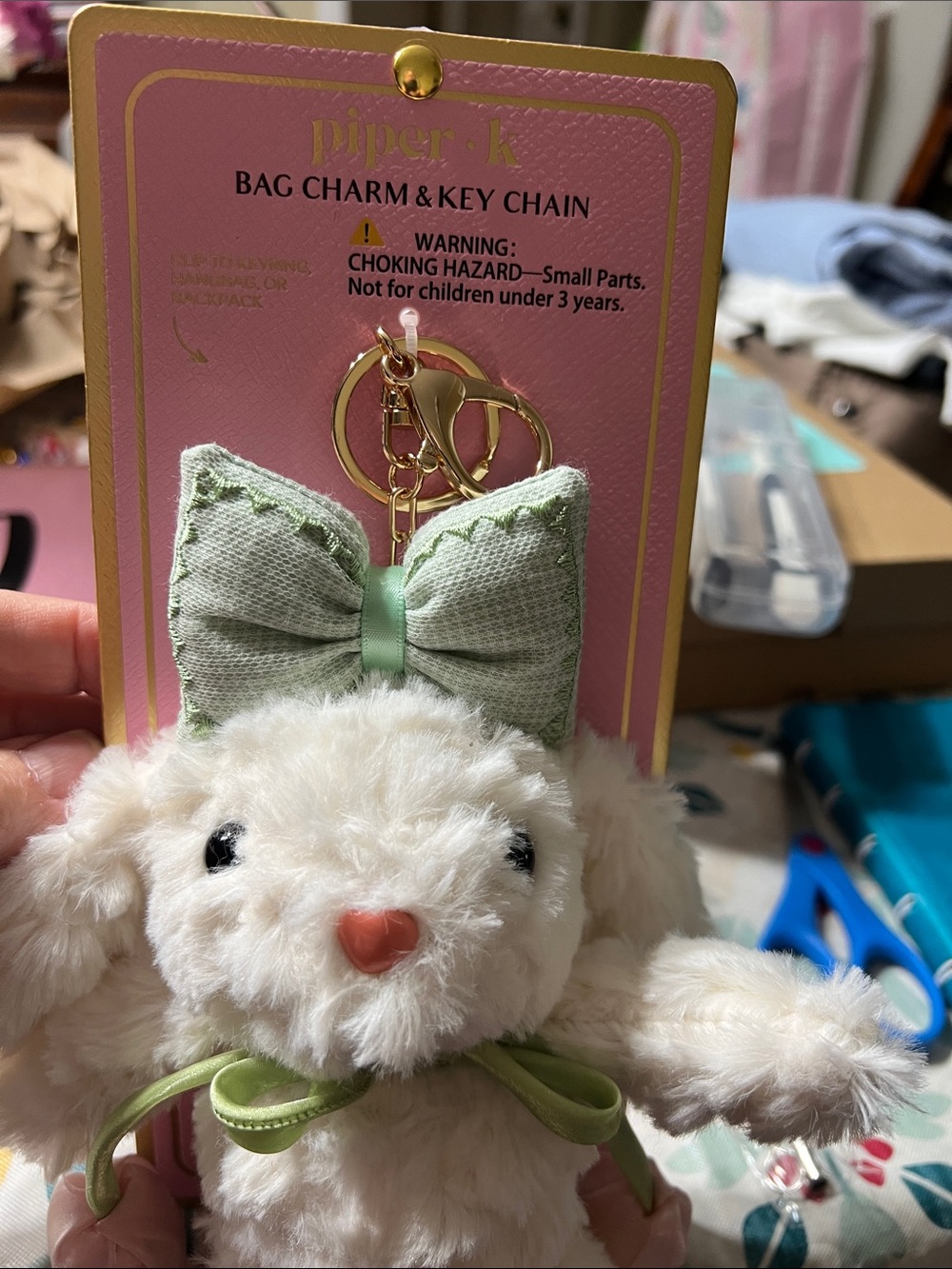 Piper K Plush Bunny Bag Charm Key Chain - Cream & Pink Green Accents - Picture 2 of 2
